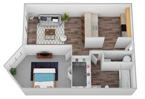 a stylized floor plan of a one bedroom apartment at 6 Wood Flats, Lacey